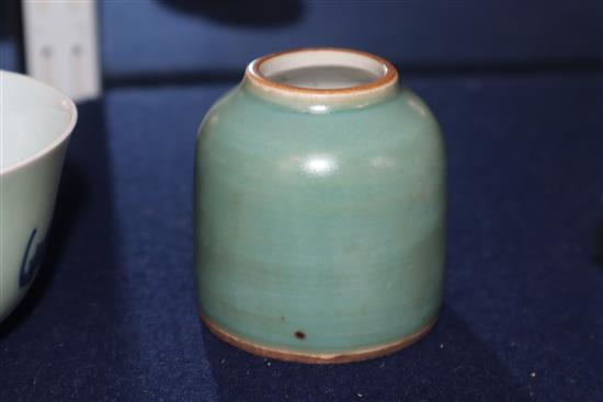 A Chinese blue and white tea bowl and a Chinese green glazed ink pot tallest 6cm